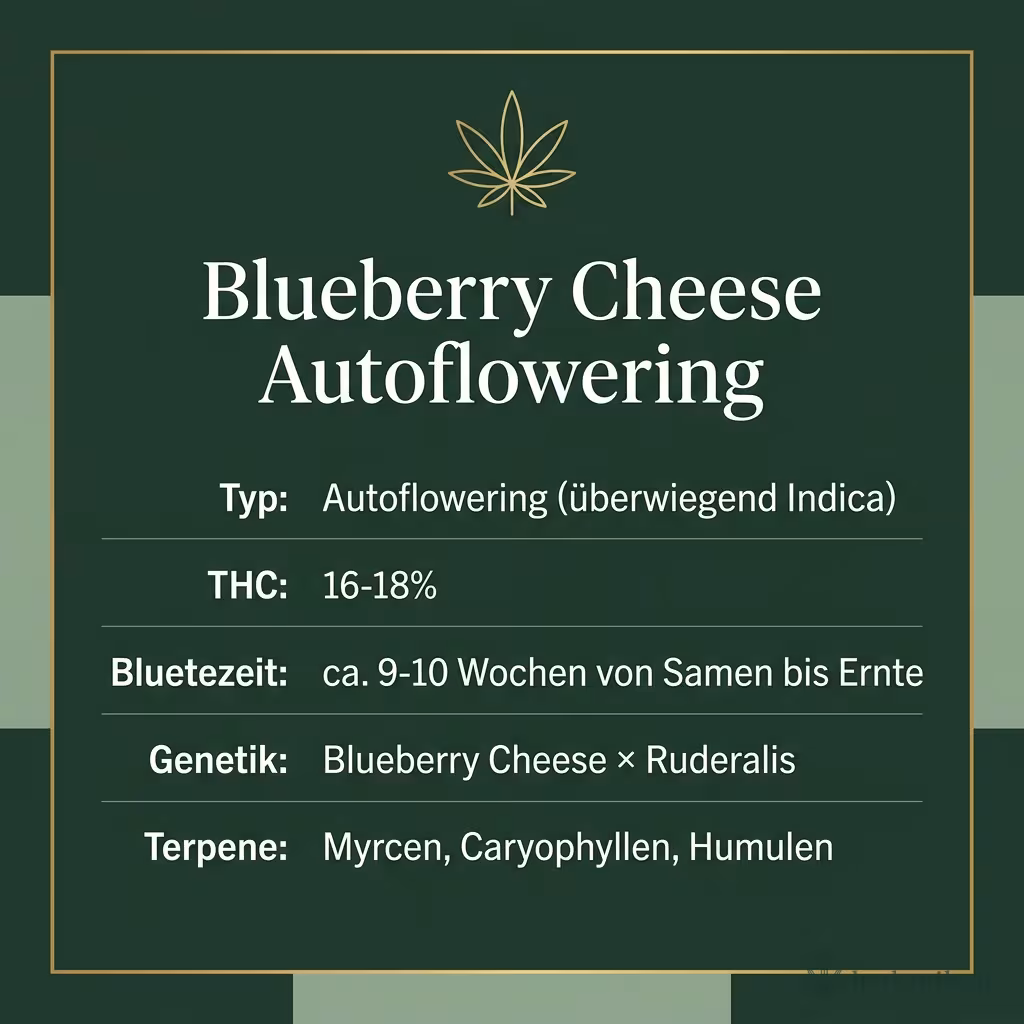 Infografik mit Blueberry Cheese Autoflowering Key Facts: Typ Autoflowering (überwiegend Indica), THC 16-18%, Bluetezeit ca. 9-10 Wochen von Samen bis Ernte, Genetik Blueberry Cheese × Ruderalis und Terpene Myrcen, Caryophyllen, Humulen