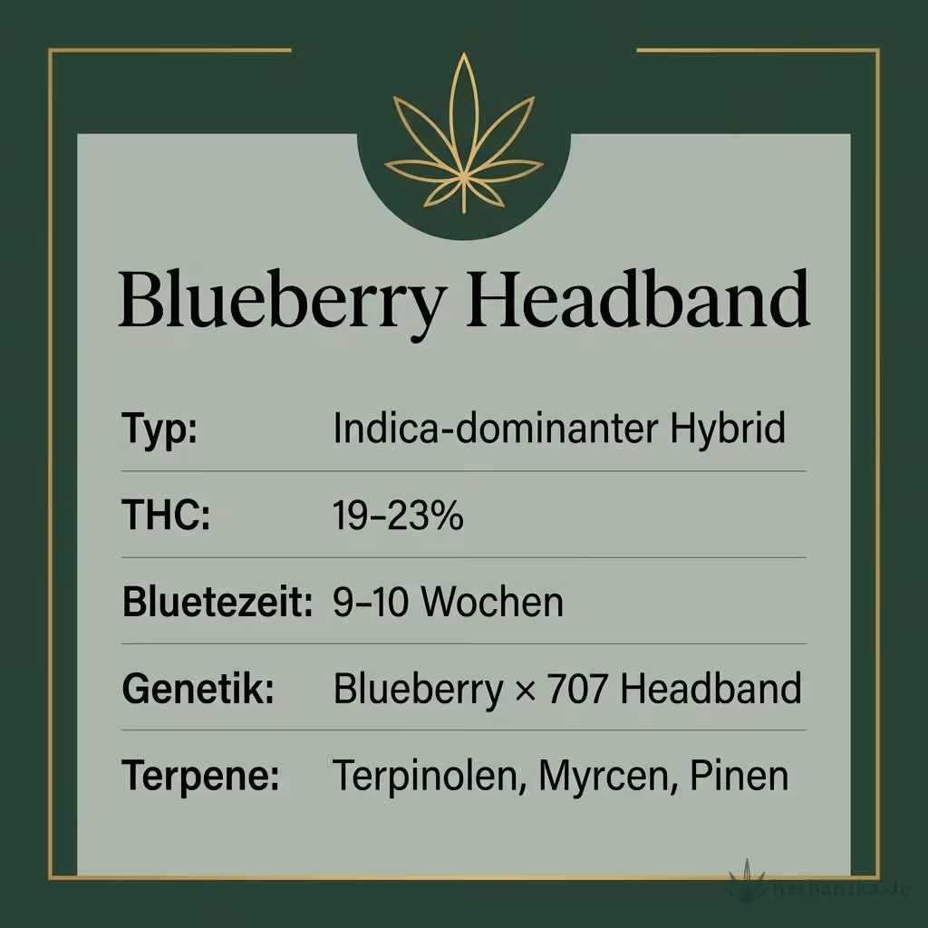 Infografik mit Blueberry Headband Key Facts: Typ Indica-dominanter Hybrid, THC 19-23%, Bluetezeit 9-10 Wochen, Genetik Blueberry × 707 Headband und Terpene Terpinolen, Myrcen, Pinen
