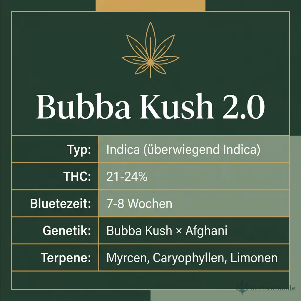 Infografik mit Bubba Kush 2.0 Key Facts: Typ Indica (überwiegend Indica), THC 21-24%, Bluetezeit 7-8 Wochen, Genetik Bubba Kush × Afghani und Terpene Myrcen, Caryophyllen, Limonen