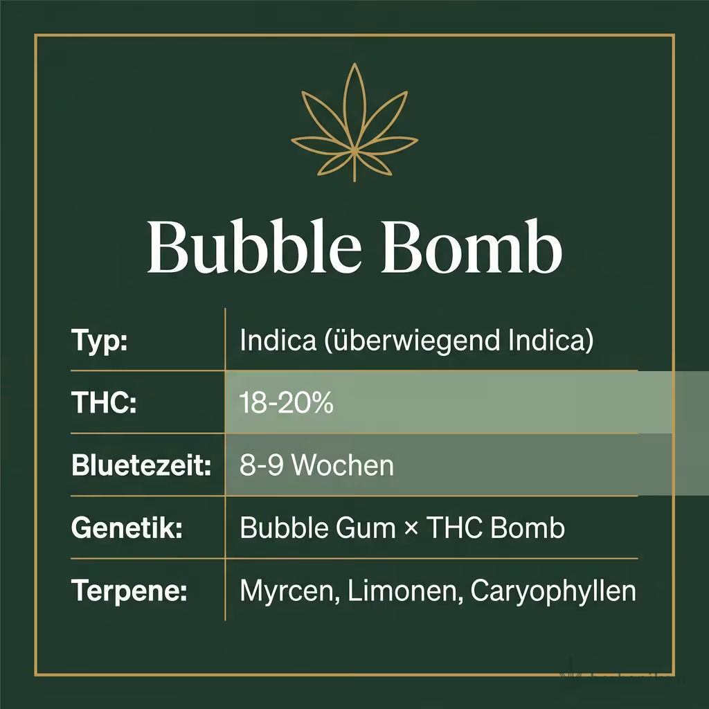 Infografik mit Bubble Bomb Key Facts: Typ Indica (überwiegend Indica), THC 18-20%, Bluetezeit 8-9 Wochen, Genetik Bubble Gum × THC Bomb und Terpene Myrcen, Limonen, Caryophyllen