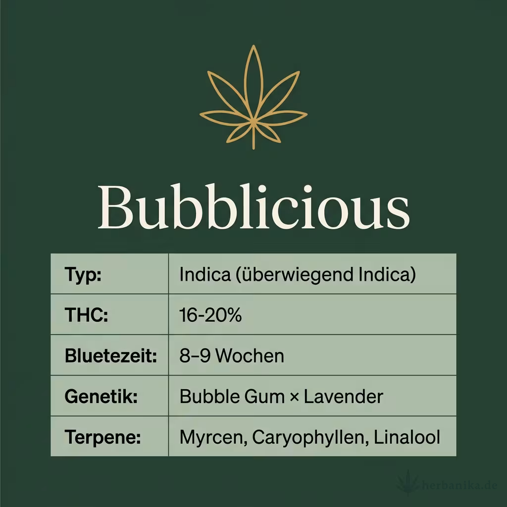 Infografik mit Bubblicious Key Facts: Typ Indica (überwiegend Indica), THC 16-20%, Bluetezeit 8-9 Wochen, Genetik Bubble Gum × Lavender und Terpene Myrcen, Caryophyllen, Linalool
