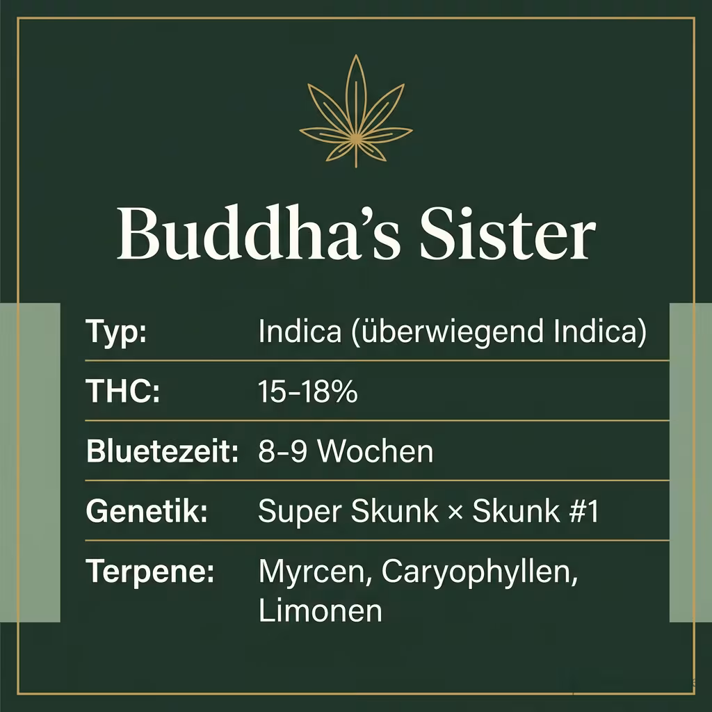 Infografik mit Buddha's Sister Key Facts: Typ Indica (überwiegend Indica), THC 15-18%, Bluetezeit 8-9 Wochen, Genetik Super Skunk × Skunk #1 und Terpene Myrcen, Caryophyllen, Limonen
