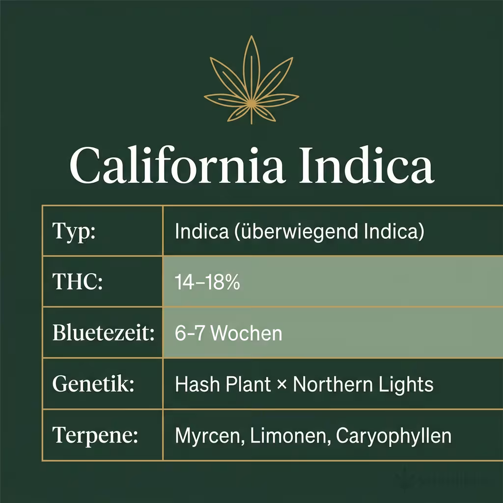 Infografik mit California Indica Key Facts: Typ Indica (überwiegend Indica), THC 14-18%, Bluetezeit 6-7 Wochen, Genetik Hash Plant × Northern Lights und Terpene Myrcen, Limonen, Caryophyllen