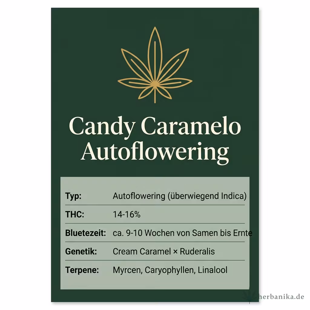 Infografik mit Candy Caramelo Autoflowering Key Facts: Typ Autoflowering (überwiegend Indica), THC 14-16%, Bluetezeit ca. 9-10 Wochen von Samen bis Ernte, Genetik Cream Caramel × Ruderalis und Terpene Myrcen, Caryophyllen, Linalool