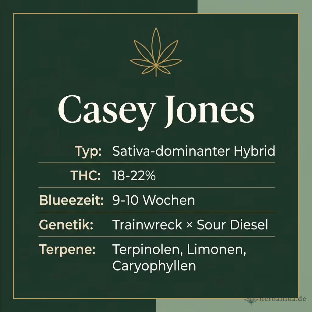 Infografik mit Casey Jones Key Facts: Typ Sativa-dominanter Hybrid, THC 18-22%, Bluetezeit 9-10 Wochen, Genetik Trainwreck × Sour Diesel und Terpene Terpinolen, Limonen, Caryophyllen