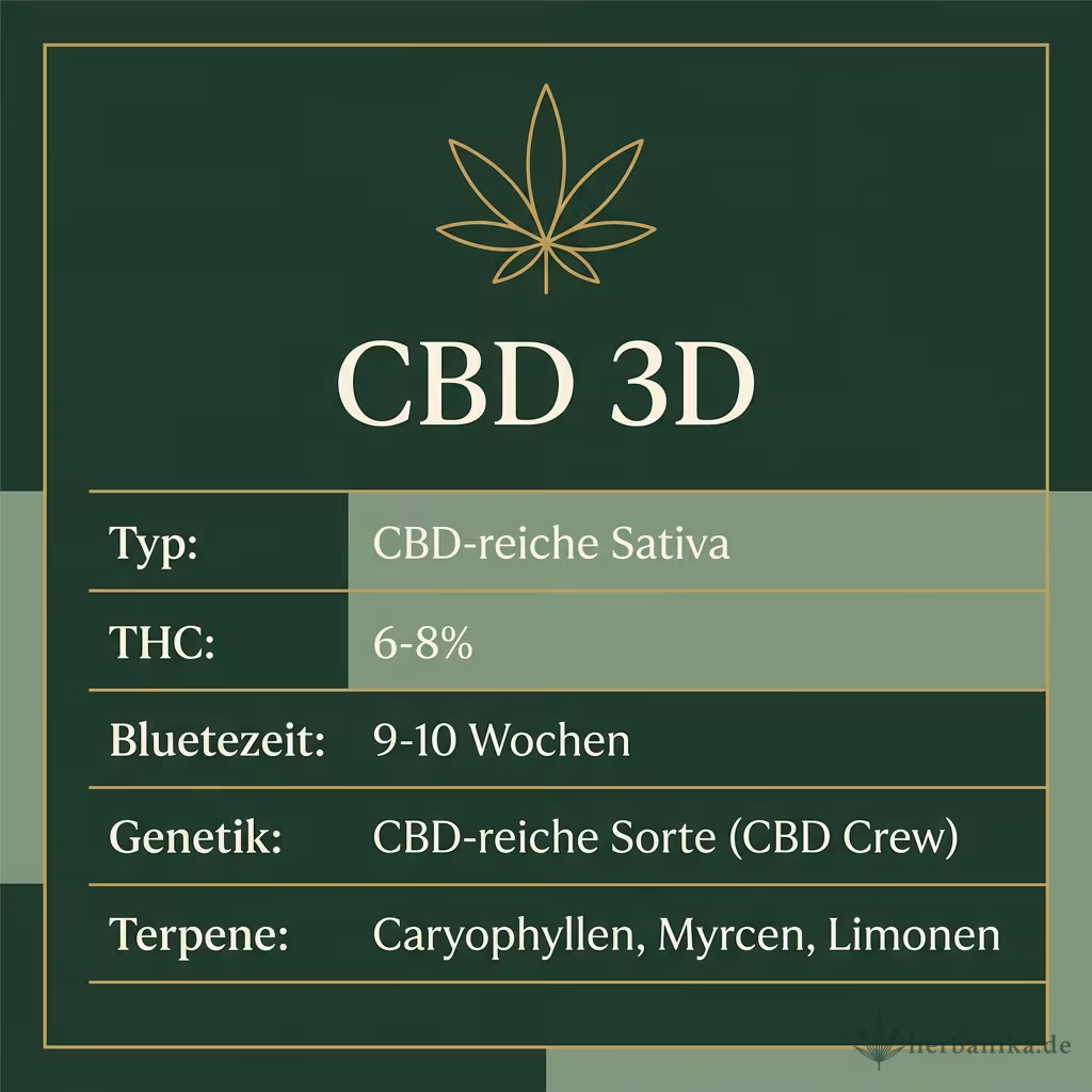 Infografik mit CBD 3D Key Facts: Typ CBD-reiche Sativa, THC 6-8%, Bluetezeit 9-10 Wochen, Genetik CBD-reiche Sorte (CBD Crew) und Terpene Caryophyllen, Myrcen, Limonen