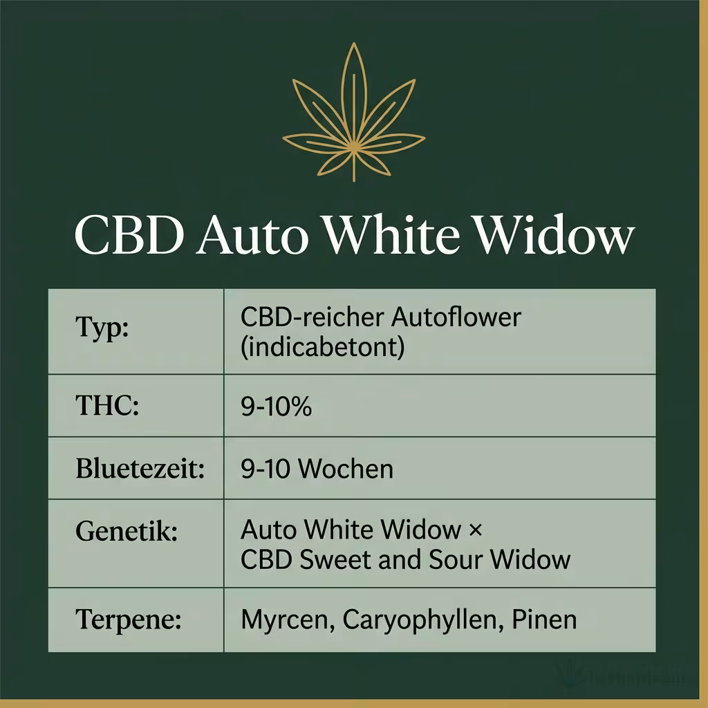 Infografik mit CBD Auto White Widow Key Facts: Typ CBD-reicher Autoflower (indicabetont), THC 9-10%, Bluetezeit 9-10 Wochen, Genetik Auto White Widow × CBD Sweet and Sour Widow und Terpene Myrcen, Caryophyllen, Pinen