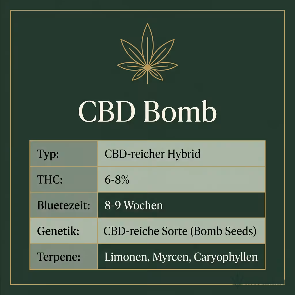 Infografik mit CBD Bomb Key Facts: Typ CBD-reicher Hybrid, THC 6-8%, Bluetezeit 8-9 Wochen, Genetik CBD-reiche Sorte (Bomb Seeds) und Terpene Limonen, Myrcen, Caryophyllen