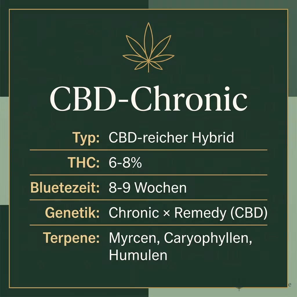 Infografik mit CBD-Chronic Key Facts: Typ CBD-reicher Hybrid, THC 6-8%, Bluetezeit 8-9 Wochen, Genetik Chronic × Remedy (CBD) und Terpene Myrcen, Caryophyllen, Humulen