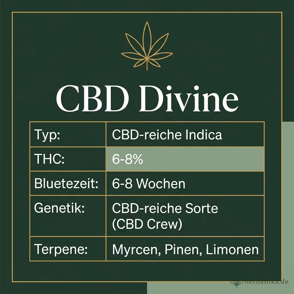 Infografik mit CBD Divine Key Facts: Typ CBD-reiche Indica, THC 6-8%, Bluetezeit 6-8 Wochen, Genetik CBD-reiche Sorte (CBD Crew) und Terpene Myrcen, Pinen, Limonen