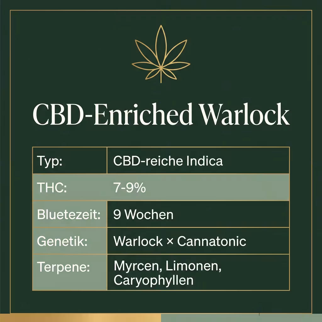 Infografik mit CBD-Enriched Warlock Key Facts: Typ CBD-reiche Indica, THC 7-9%, Bluetezeit 9 Wochen, Genetik Warlock × Cannatonic und Terpene Myrcen, Limonen, Caryophyllen