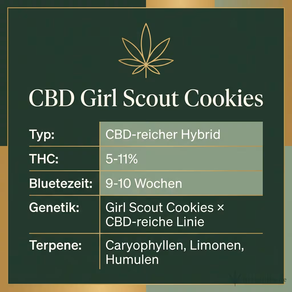 Infografik mit CBD Girl Scout Cookies Key Facts: Typ CBD-reicher Hybrid, THC 5-11%, Bluetezeit 9-10 Wochen, Genetik Girl Scout Cookies × CBD-reiche Linie und Terpene Caryophyllen, Limonen, Humulen