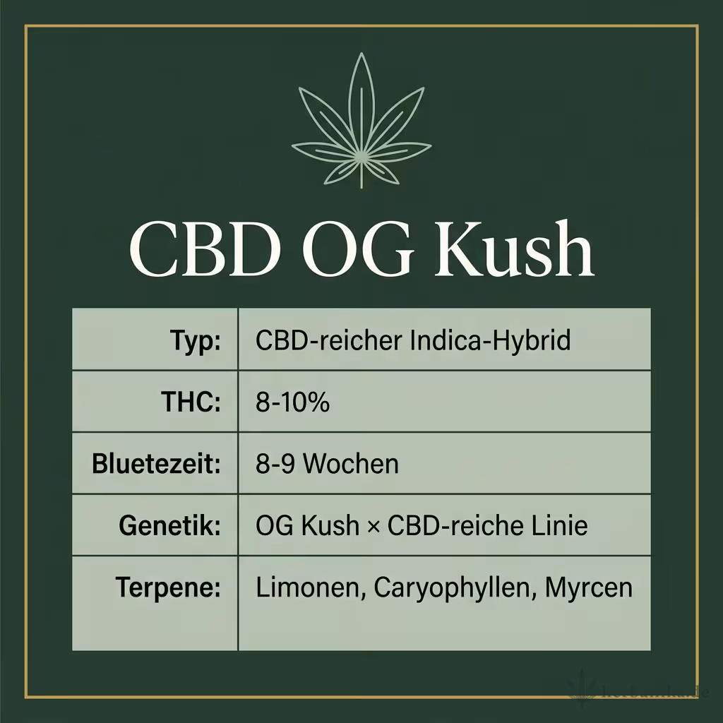 Infografik mit CBD OG Kush Key Facts: Typ CBD-reicher Indica-Hybrid, THC 8-10%, Bluetezeit 8-9 Wochen, Genetik OG Kush × CBD-reiche Linie und Terpene Limonen, Caryophyllen, Myrcen