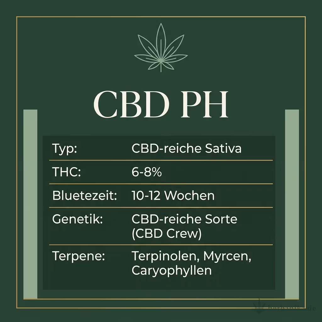 Infografik mit CBD PH Key Facts: Typ CBD-reiche Sativa, THC 6-8%, Bluetezeit 10-12 Wochen, Genetik CBD-reiche Sorte (CBD Crew) und Terpene Terpinolen, Myrcen, Caryophyllen