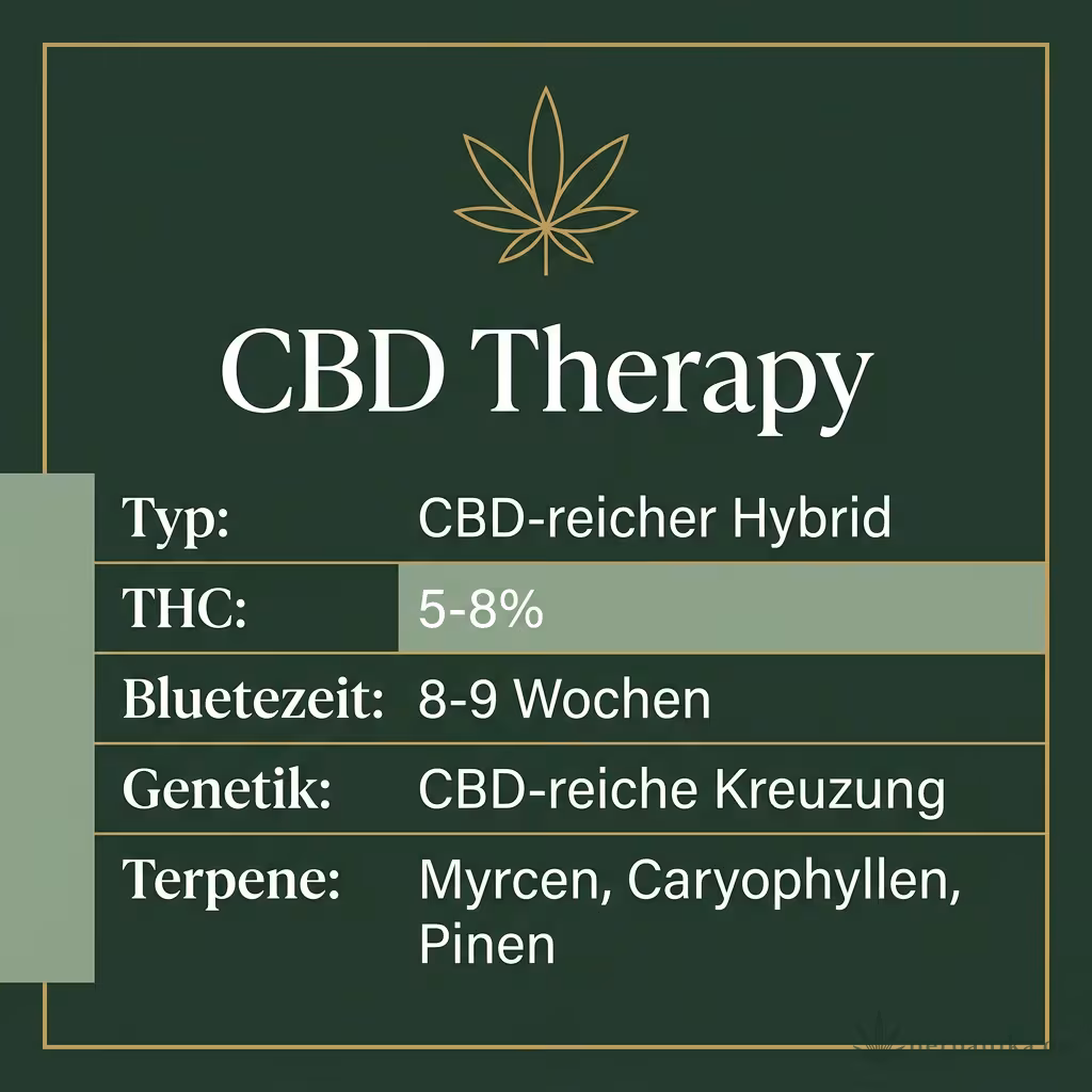 Infografik mit CBD Therapy Key Facts: Typ CBD-reicher Hybrid, THC 5-8%, Bluetezeit 8-9 Wochen, Genetik CBD-reiche Kreuzung und Terpene Myrcen, Caryophyllen, Pinen