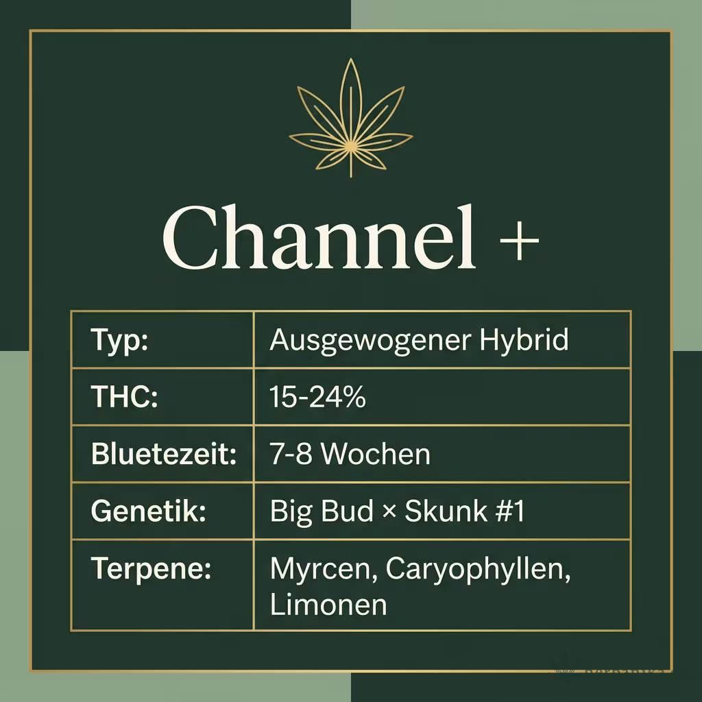 Infografik mit Channel + Key Facts: Typ Ausgewogener Hybrid, THC 15-24%, Bluetezeit 7-8 Wochen, Genetik Big Bud × Skunk #1 und Terpene Myrcen, Caryophyllen, Limonen