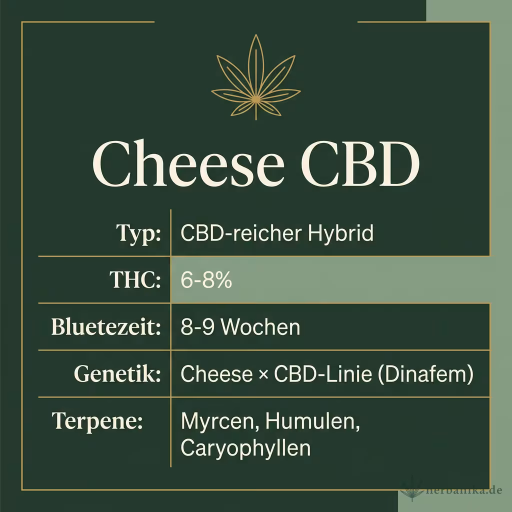 Infografik mit Cheese CBD Key Facts: Typ CBD-reicher Hybrid, THC 6-8%, Bluetezeit 8-9 Wochen, Genetik Cheese × CBD-Linie (Dinafem) und Terpene Myrcen, Humulen, Caryophyllen
