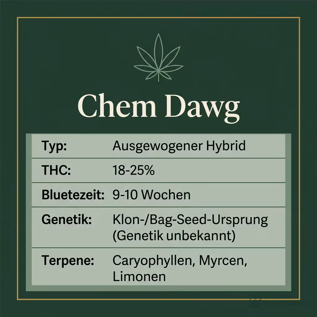 Infografik mit Chem Dawg Key Facts: Typ Ausgewogener Hybrid, THC 18-25%, Bluetezeit 9-10 Wochen, Genetik Klon-/Bag-Seed-Ursprung (Genetik unbekannt) und Terpene Caryophyllen, Myrcen, Limonen