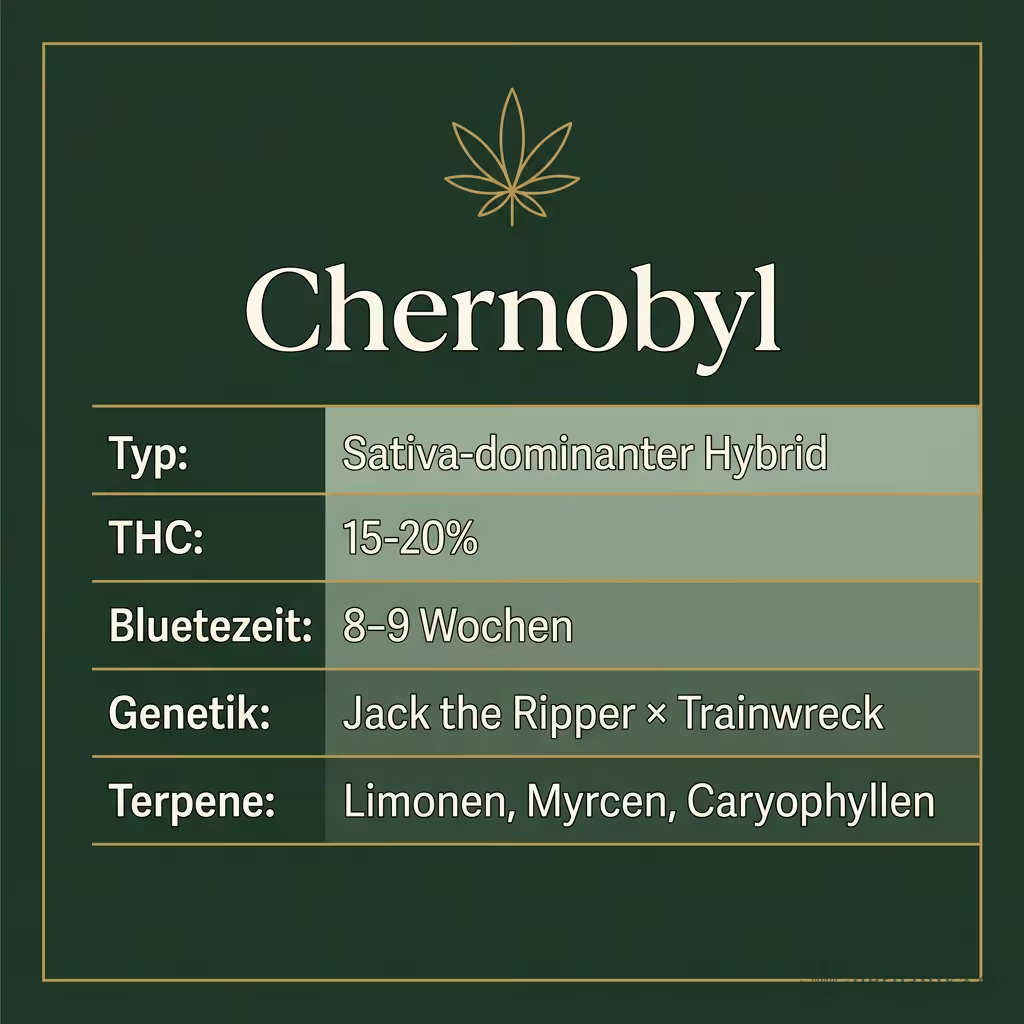 Infografik mit Chernobyl Key Facts: Typ Sativa-dominanter Hybrid, THC 15-20%, Bluetezeit 8-9 Wochen, Genetik Jack the Ripper × Trainwreck und Terpene Limonen, Myrcen, Caryophyllen