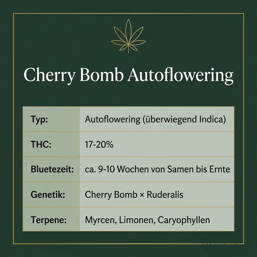 Infografik mit Cherry Bomb Autoflowering Key Facts: Typ Autoflowering (überwiegend Indica), THC 17-20%, Bluetezeit ca. 9-10 Wochen von Samen bis Ernte, Genetik Cherry Bomb × Ruderalis und Terpene Myrcen, Limonen, Caryophyllen