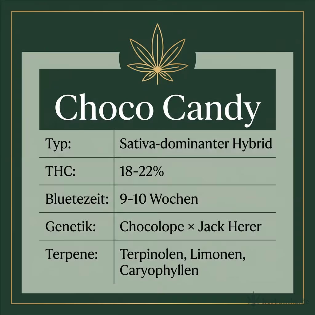 Infografik mit Choco Candy Key Facts: Typ Sativa-dominanter Hybrid, THC 18-22%, Bluetezeit 9-10 Wochen, Genetik Chocolope × Jack Herer und Terpene Terpinolen, Limonen, Caryophyllen