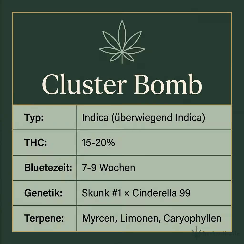 Infografik mit Cluster Bomb Key Facts: Typ Indica (überwiegend Indica), THC 15-20%, Bluetezeit 7-9 Wochen, Genetik Skunk #1 × Cinderella 99 und Terpene Myrcen, Limonen, Caryophyllen