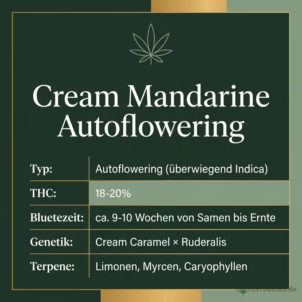 Infografik mit Cream Mandarine Autoflowering Key Facts: Typ Autoflowering (überwiegend Indica), THC 18-20%, Bluetezeit ca. 9-10 Wochen von Samen bis Ernte, Genetik Cream Caramel × Ruderalis und Terpene Limonen, Myrcen, Caryophyllen