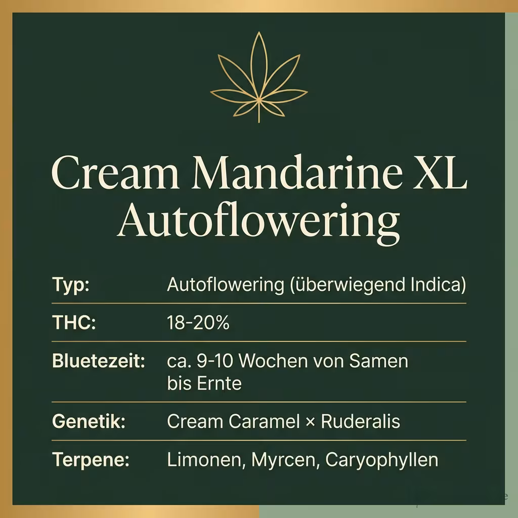 Infografik mit Cream Mandarine XL Autoflowering Key Facts: Typ Autoflowering (überwiegend Indica), THC 18-20%, Bluetezeit ca. 9-10 Wochen von Samen bis Ernte, Genetik Cream Caramel × Ruderalis und Terpene Limonen, Myrcen, Caryophyllen