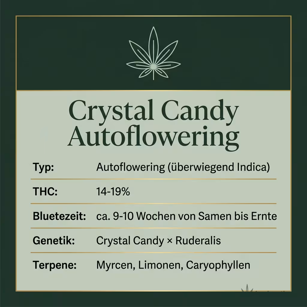 Infografik mit Crystal Candy Autoflowering Key Facts: Typ Autoflowering (überwiegend Indica), THC 14-19%, Bluetezeit ca. 9-10 Wochen von Samen bis Ernte, Genetik Crystal Candy × Ruderalis und Terpene Myrcen, Limonen, Caryophyllen