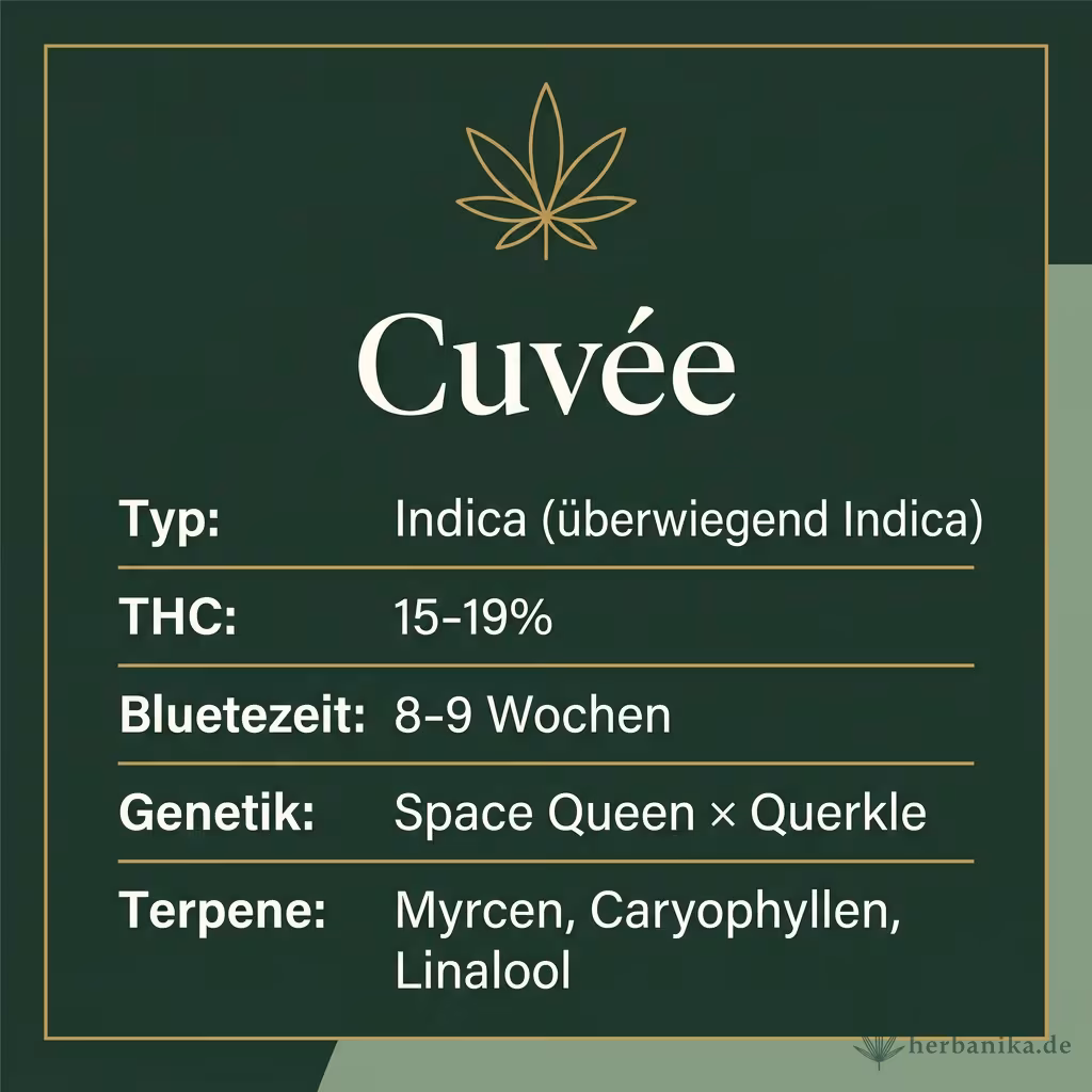 Infografik mit Cuvée Key Facts: Typ Indica (überwiegend Indica), THC 15-19%, Bluetezeit 8-9 Wochen, Genetik Space Queen × Querkle und Terpene Myrcen, Caryophyllen, Linalool