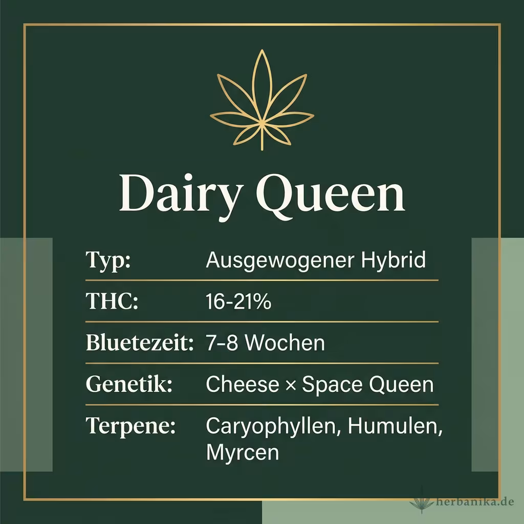 Infografik mit Dairy Queen Key Facts: Typ Ausgewogener Hybrid, THC 16-21%, Bluetezeit 7-8 Wochen, Genetik Cheese × Space Queen und Terpene Caryophyllen, Humulen, Myrcen