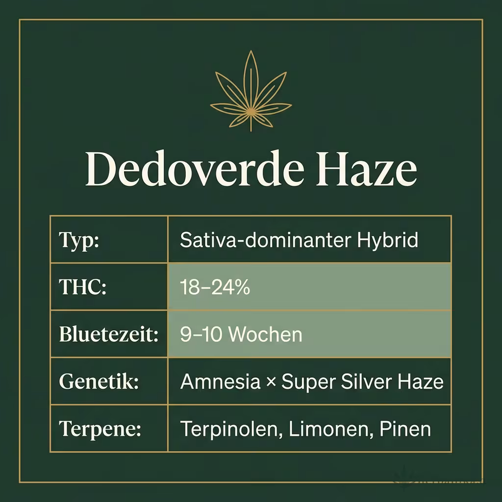 Infografik mit Dedoverde Haze Key Facts: Typ Sativa-dominanter Hybrid, THC 18-24%, Bluetezeit 9-10 Wochen, Genetik Amnesia × Super Silver Haze und Terpene Terpinolen, Limonen, Pinen