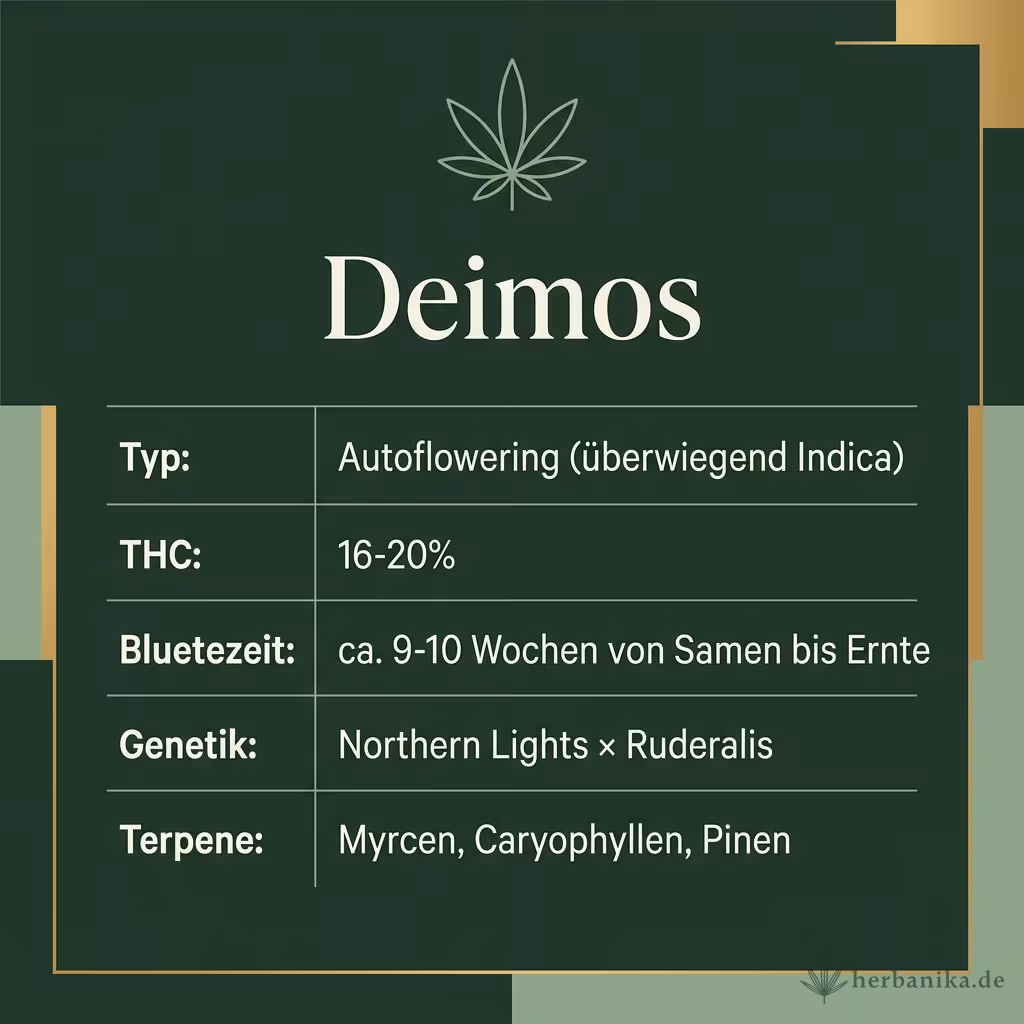 Infografik mit Deimos Key Facts: Typ Autoflowering (überwiegend Indica), THC 16-20%, Bluetezeit ca. 9-10 Wochen von Samen bis Ernte, Genetik Northern Lights × Ruderalis und Terpene Myrcen, Caryophyllen, Pinen