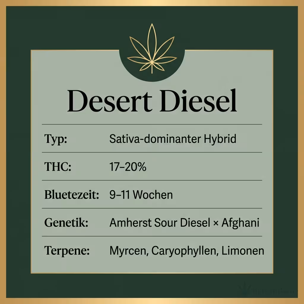 Infografik mit Desert Diesel Key Facts: Typ Sativa-dominanter Hybrid, THC 17-20%, Bluetezeit 9-11 Wochen, Genetik Amherst Sour Diesel × Afghani und Terpene Myrcen, Caryophyllen, Limonen