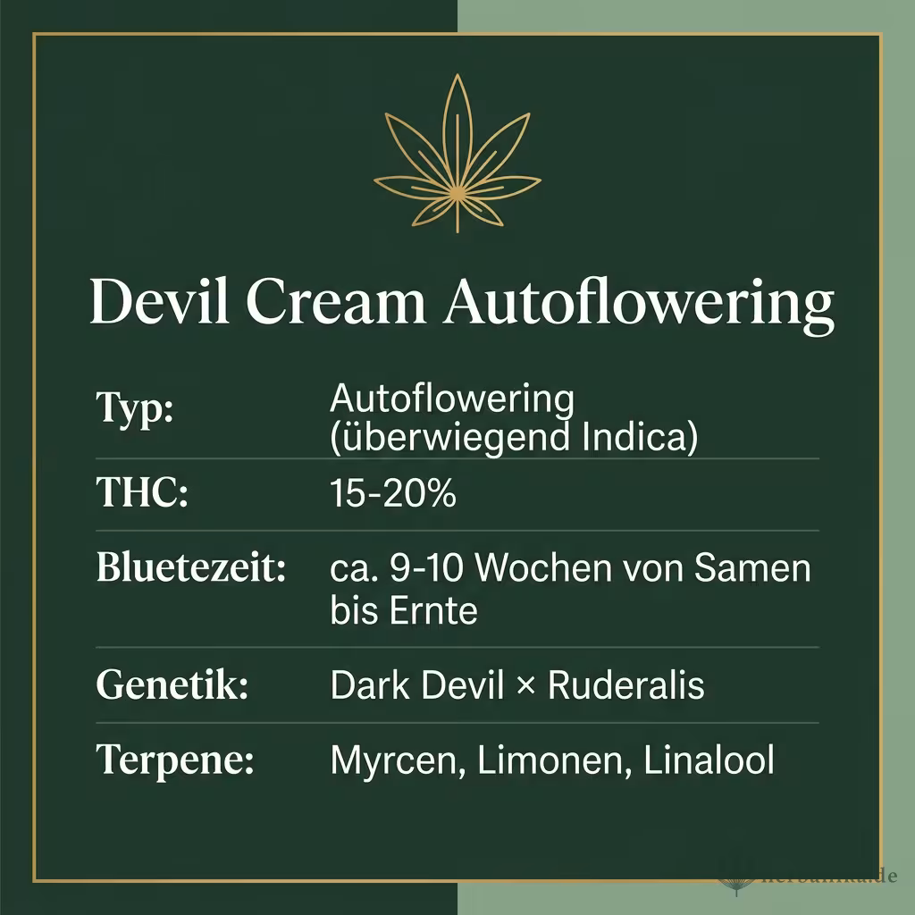 Infografik mit Devil Cream Autoflowering Key Facts: Typ Autoflowering (überwiegend Indica), THC 15-20%, Bluetezeit ca. 9-10 Wochen von Samen bis Ernte, Genetik Dark Devil × Ruderalis und Terpene Myrcen, Limonen, Linalool