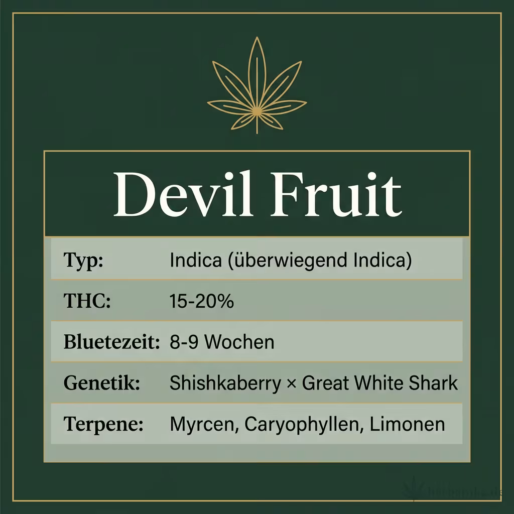 Infografik mit Devil Fruit Key Facts: Typ Indica (überwiegend Indica), THC 15-20%, Bluetezeit 8-9 Wochen, Genetik Shishkaberry × Great White Shark und Terpene Myrcen, Caryophyllen, Limonen