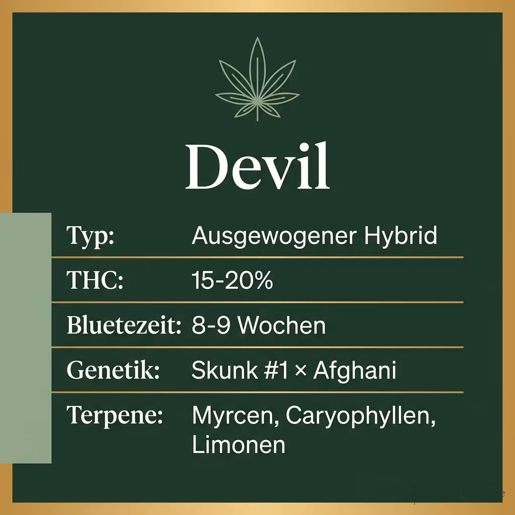 Infografik mit Devil Key Facts: Typ Ausgewogener Hybrid, THC 15-20%, Bluetezeit 8-9 Wochen, Genetik Skunk #1 × Afghani und Terpene Myrcen, Caryophyllen, Limonen