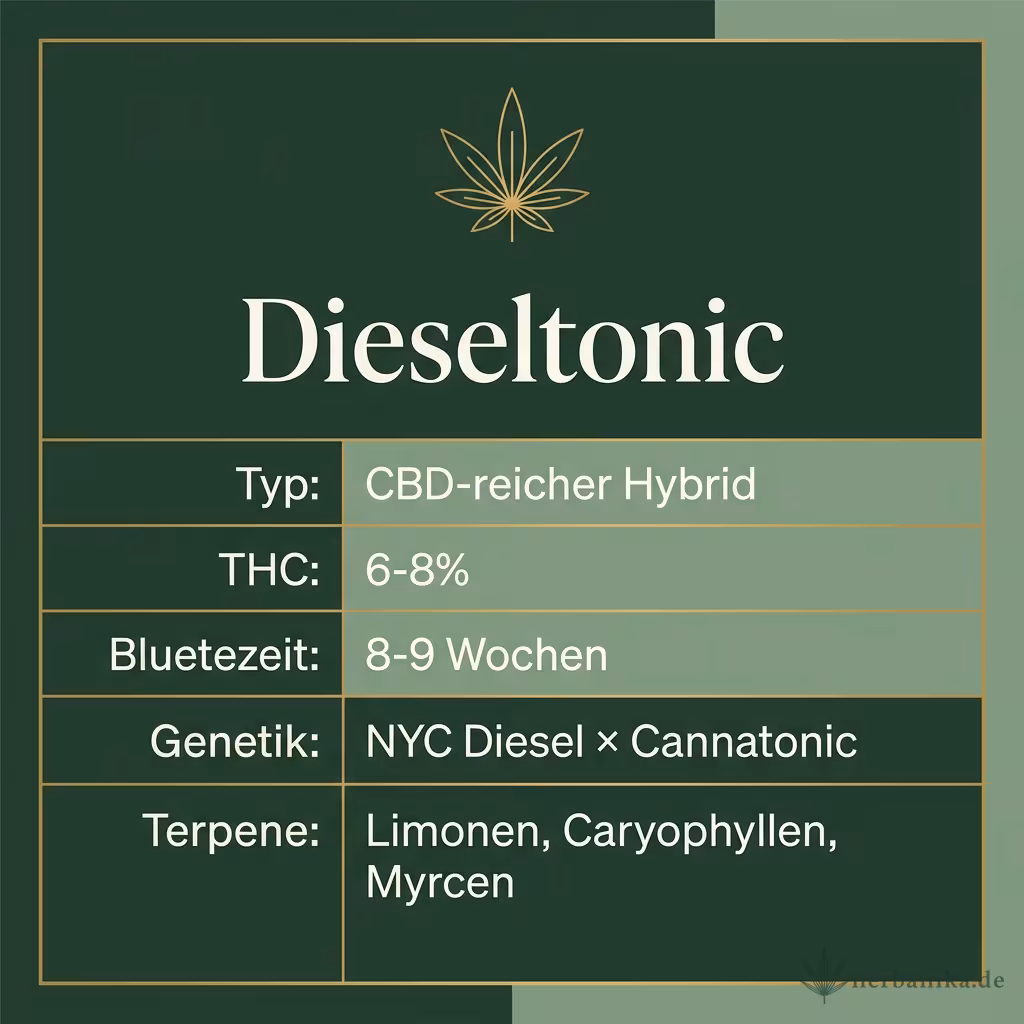 Infografik mit Dieseltonic Key Facts: Typ CBD-reicher Hybrid, THC 6-8%, Bluetezeit 8-9 Wochen, Genetik NYC Diesel × Cannatonic und Terpene Limonen, Caryophyllen, Myrcen