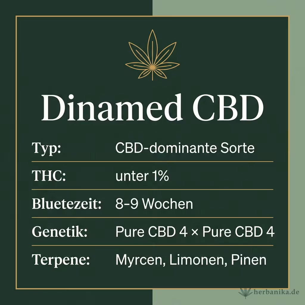 Infografik mit Dinamed CBD Key Facts: Typ CBD-dominante Sorte, THC unter 1%, Bluetezeit 8-9 Wochen, Genetik Pure CBD 4 × Pure CBD 4 und Terpene Myrcen, Limonen, Pinen