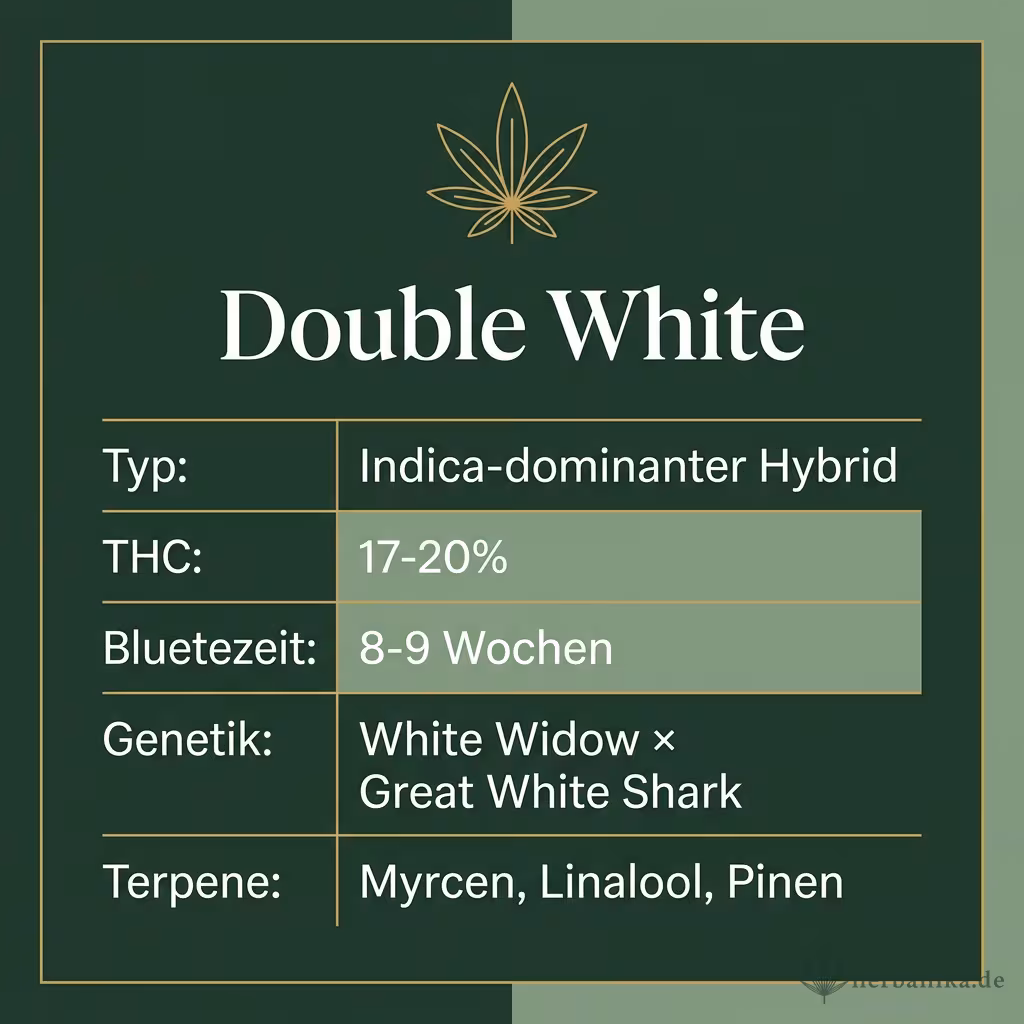 Infografik mit Double White Key Facts: Typ Indica-dominanter Hybrid, THC 17-20%, Bluetezeit 8-9 Wochen, Genetik White Widow × Great White Shark und Terpene Myrcen, Linalool, Pinen