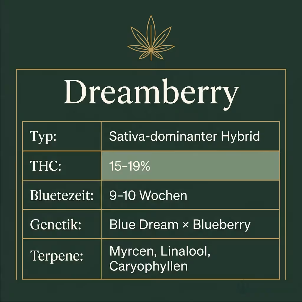 Infografik mit Dreamberry Key Facts: Typ Sativa-dominanter Hybrid, THC 15-19%, Bluetezeit 9-10 Wochen, Genetik Blue Dream × Blueberry und Terpene Myrcen, Linalool, Caryophyllen