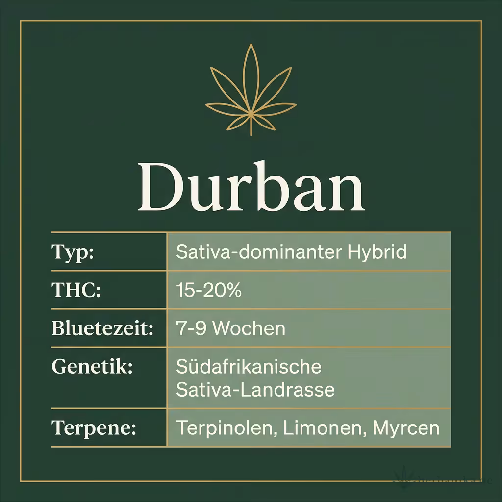 Infografik mit Durban Key Facts: Typ Sativa-dominanter Hybrid, THC 15-20%, Bluetezeit 7-9 Wochen, Genetik Südafrikanische Sativa-Landrasse und Terpene Terpinolen, Limonen, Myrcen