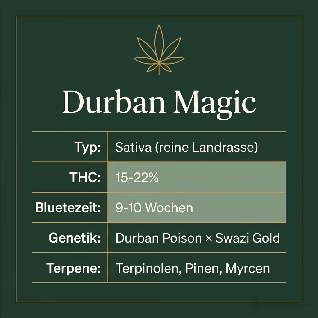 Infografik mit Durban Magic Key Facts: Typ Sativa (reine Landrasse), THC 15-22%, Bluetezeit 9-10 Wochen, Genetik Durban Poison × Swazi Gold und Terpene Terpinolen, Pinen, Myrcen
