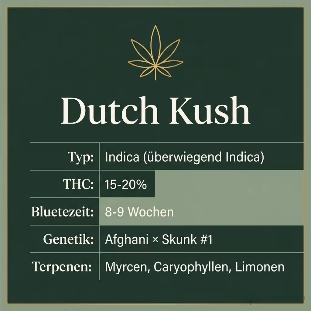 Infografik mit Dutch Kush Key Facts: Typ Indica (überwiegend Indica), THC 15-20%, Bluetezeit 8-9 Wochen, Genetik Afghani × Skunk #1 und Terpene Myrcen, Caryophyllen, Limonen