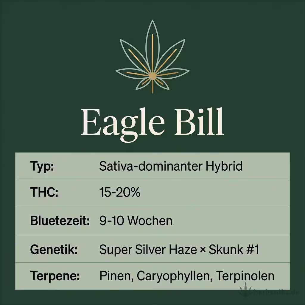 Infografik mit Eagle Bill Key Facts: Typ Sativa-dominanter Hybrid, THC 15-20%, Bluetezeit 9-10 Wochen, Genetik Super Silver Haze × Skunk #1 und Terpene Pinen, Caryophyllen, Terpinolen