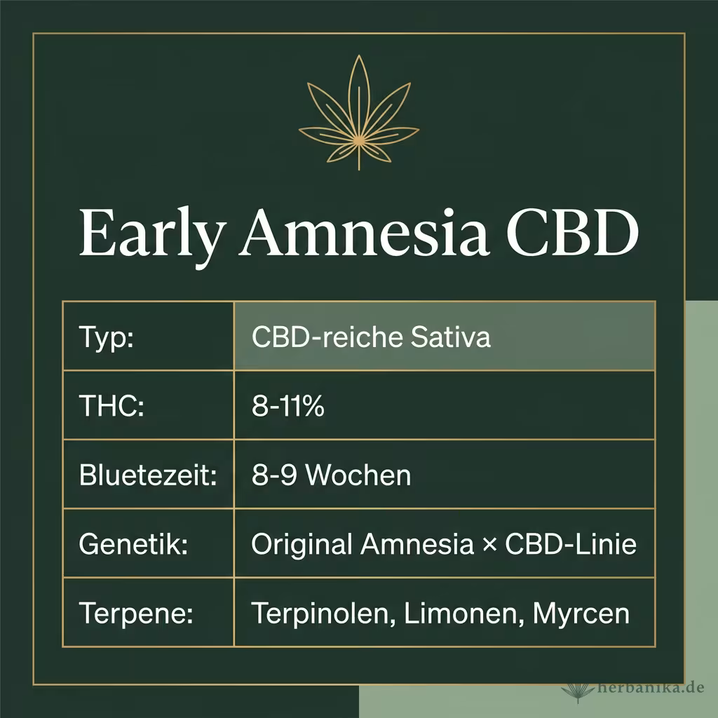 Infografik mit Early Amnesia CBD Key Facts: Typ CBD-reiche Sativa, THC 8-11%, Bluetezeit 8-9 Wochen, Genetik Original Amnesia × CBD-Linie und Terpene Terpinolen, Limonen, Myrcen
