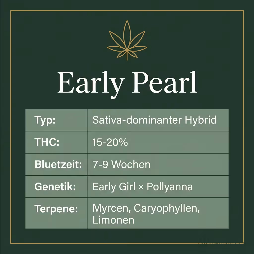 Infografik mit Early Pearl Key Facts: Typ Sativa-dominanter Hybrid, THC 15-20%, Bluetezeit 7-9 Wochen, Genetik Early Girl × Pollyanna und Terpene Myrcen, Caryophyllen, Limonen