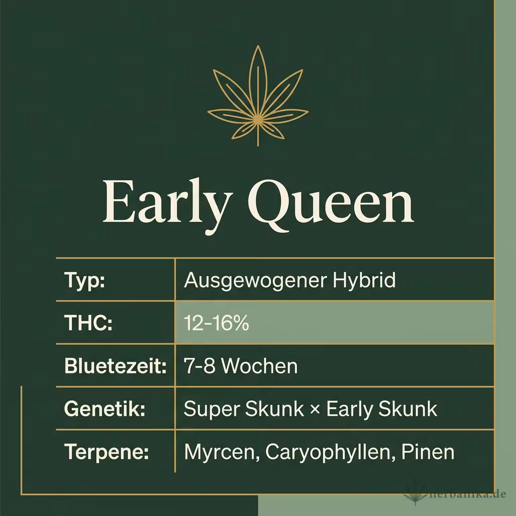 Infografik mit Early Queen Key Facts: Typ Ausgewogener Hybrid, THC 12-16%, Bluetezeit 7-8 Wochen, Genetik Super Skunk × Early Skunk und Terpene Myrcen, Caryophyllen, Pinen