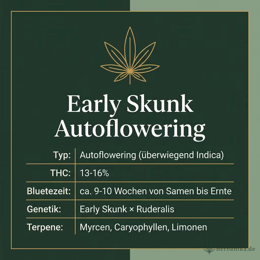 Infografik mit Early Skunk Autoflowering Key Facts: Typ Autoflowering (überwiegend Indica), THC 13-16%, Bluetezeit ca. 9-10 Wochen von Samen bis Ernte, Genetik Early Skunk × Ruderalis und Terpene Myrcen, Caryophyllen, Limonen