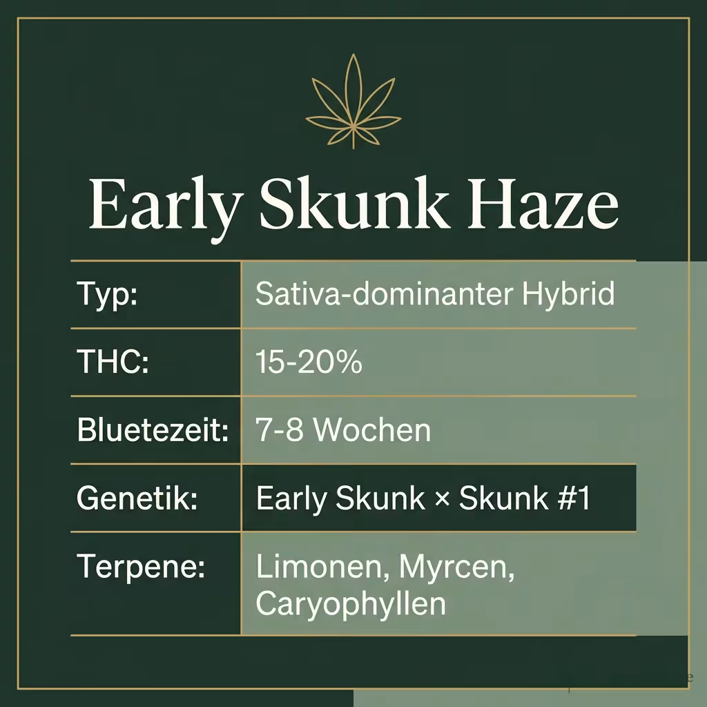 Infografik mit Early Skunk Haze Key Facts: Typ Sativa-dominanter Hybrid, THC 15-20%, Bluetezeit 7-8 Wochen, Genetik Early Skunk × Skunk #1 und Terpene Limonen, Myrcen, Caryophyllen